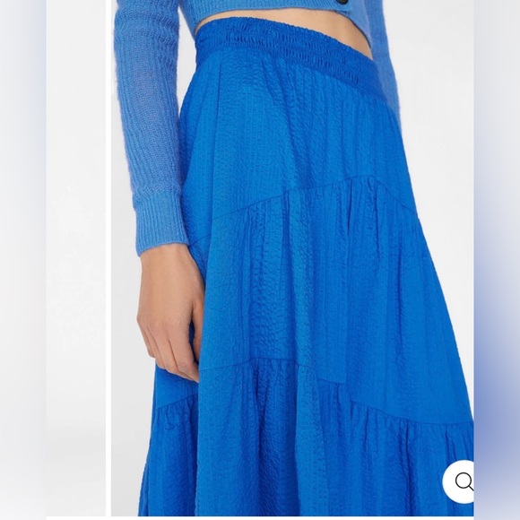 FRAME Gathered Seam Midi Skirt M Navy Tiered High Low Cotton - Picture 5 of 7